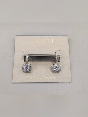 NWT Nadri Silver-Tone Square Cubic Zirconia Drop Leverback Earrings